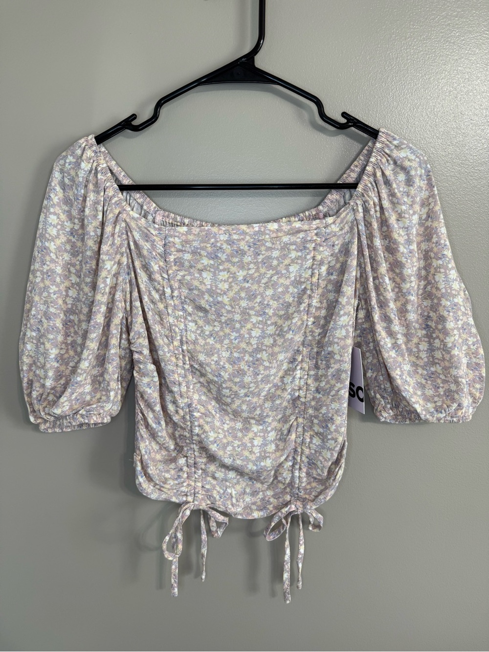 SO Cinch Front Puff Sleeve Boho Blush Multi Romantic Crop Top Adjustable Size S